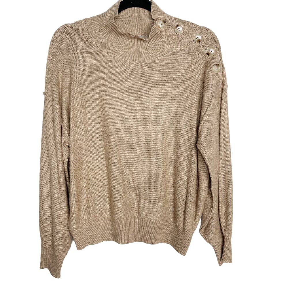 New Lush Small S Brown Latte Side Button Mock Neck Sweater Pullover Wool Blend